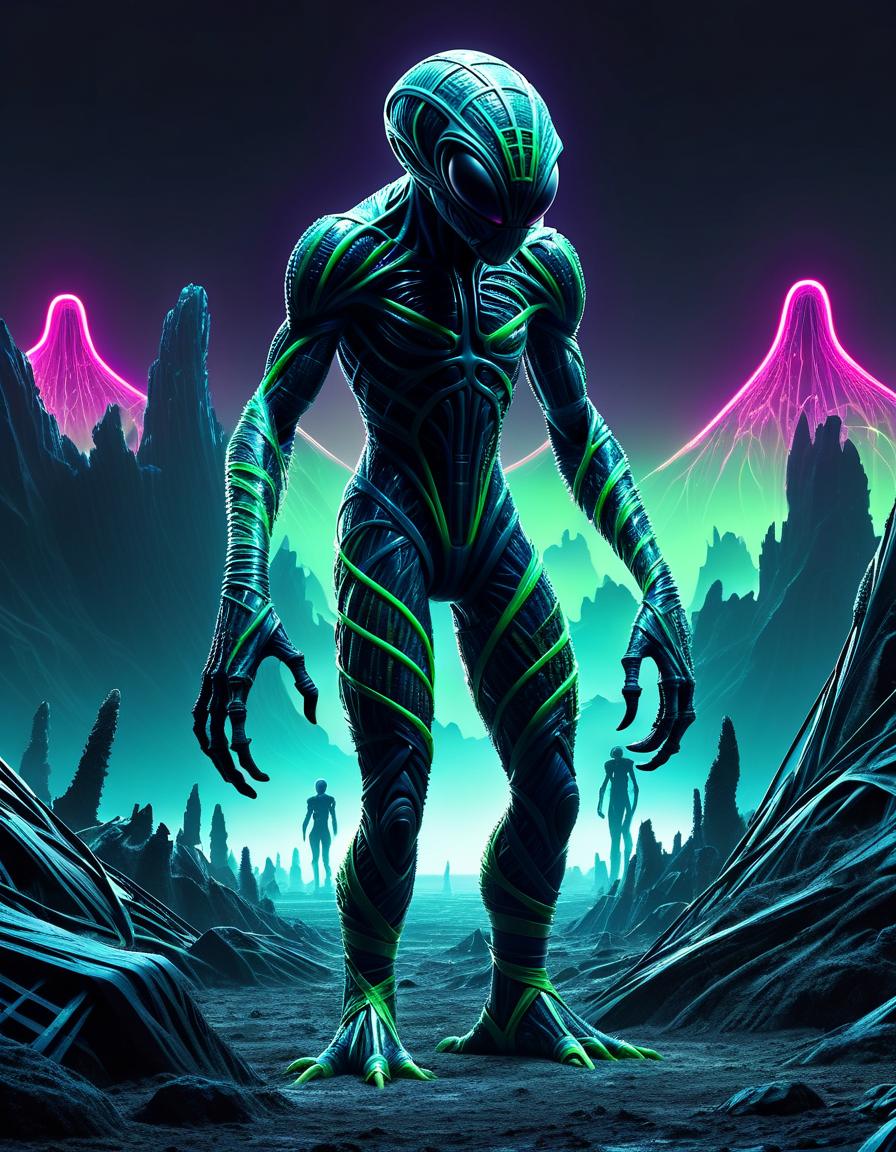 don´t use that big alien small human pose, horror, sci-fi, and monster theme, chilling atmosphere with futuristic elements, monstrous creatures lurking in the neon-lit shadows, eerie sci-fi landscapes, glowing patterns adding an unsettling touch, digital art, high-energy atmosphere, intricate details, diverse neon hues, electrifying visuals, intense contrasts, spine-chilling scenes, high-resolution quality, ral-barriertape <lora:ral-barriertape:1> ral-barriertape landscape
