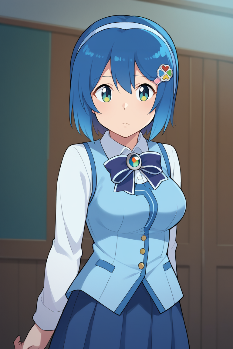 score_9, score_8_up, score_7_up, BREAK,  <lora:ntrman-guy-PONYv1:1>, 1girl, solo, breasts,  <lora:os-tan_7-tan_ponyXL:0.95> madobe nanami, hair ornament, hairclip, hairband, white shirt, bow, long sleeves, blue vest, blue skirt