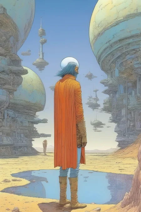<lora:Moebius (Jean Giraud) Style:1>Moebius (Jean Giraud) Style - Inspirado en los intrigantes diseos de Moebius, surge un nuevo personaje que trasciende las categoras convencionales. Se trata de una criatura/ente cuya principal virtud es su extraordinaria estrategia. Su apariencia es enigmtica y cautivadora, desafiando las normas de la realidad. Esta criatura/ente posee una forma etrea y fluida, sin una estructura fsica definida. Su figura se desvanece y se transforma en una danza de lneas y curvas elegantes. Sus contornos parecen moverse en un constante flujo, como si estuviera compuesta por energa pura. Su rostro carece de rasgos humanos reconocibles, pero emana una sabidura insondable. Sus ojos brillan con una luz misteriosa y penetrante, revelando una mente astuta y estratgica. Su boca, si es que se puede llamar as, se dibuja en una lnea fina y sutil, ocultando sus intenciones y pensamientos ms profundos. A lo largo de su ser, patrones geomtricos complejos se entrelazan, creando una ilusin de infinitud. Estos patrones cambian y se adaptan segn las circunstancias, reflejando la constante estrategia que impulsa a esta criatura/ente. Aunque su forma es abstracta y en constante transformacin, emana una presencia magntica y poderosa. Su presencia exuda confianza y astucia, irradiando un aura de autoridad estratgica. Esta criatura/ente no est sujeta a las limitaciones fsicas del mundo tangible. Puede moverse con facilidad entre diferentes planos de existencia y comprender la interconexin entre los eventos. Su capacidad de anlisis y su visin estratgica le permiten anticiparse a los movimientos de sus oponentes y encontrar soluciones ingeniosas a los desafos que se le presentan. El entorno que rodea a esta criatura/ente es igualmente enigmtico. Paisajes surrealistas se despliegan a su alrededor, con formas y colores cambiantes que desafan la lgica convencional. Es como si estuviera inmersa en un universo propio, donde las reglas de la estrategia y el pensamiento estratgico son las nicas guas. En resumen, este personaje criatura/ente, inspirado en el estilo de Moebius, encarna la virtud de la estrategia. Su apariencia mstica y su forma en constante transformacin reflejan su capacidad para moverse entre planos de existencia y anticiparse a los eventos. Es un ser enigmtico y astuto, cuyo pensamiento estratgico trasciende los lmites convencionales.