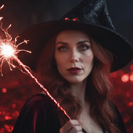 photograph close up portrait of a sexy witch, red crystals on the ground, holding a magical staff with electrical current,electrical spark, dark background , cinematic 4k epic detailed 4k epic detailed photograph shot on kodak detailed bokeh cinematic hbo dark moody