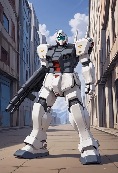 score_9, score_8_up, score_7_up, source_anime, cowboy shot, front view, BREAK, gm_cold_districts_type, (blue gm, light blue gm, standing, 1 mech, blue mech, mech focus, giant gm, sniper rifle, long rifle,) BREAK, buildings