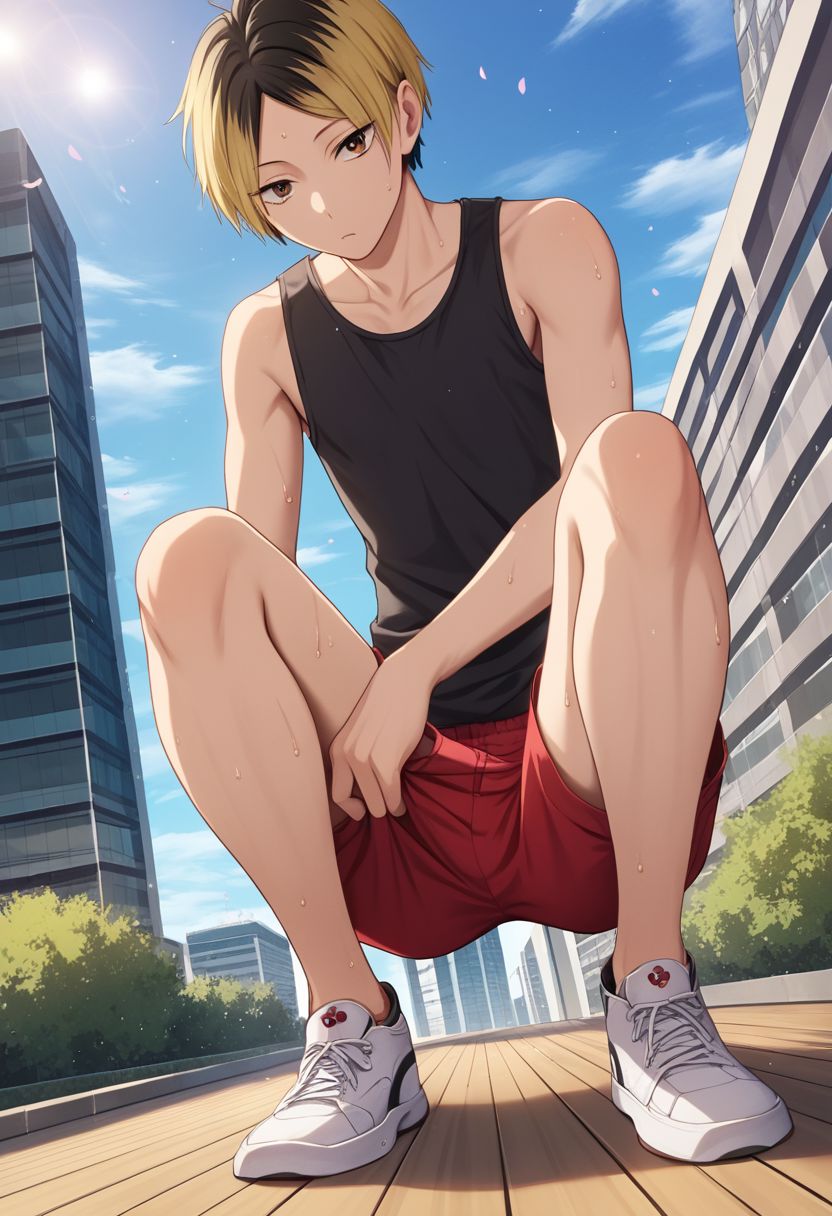 score_9, score_8_up, score_7_up, (1boy, solo), male focus, (slim), kenma, blonde hair, multicolored hair, two-tone hair, black hair, brown eyes, bangs, clavicles, black shirt, tank top, sleeveless, red shorts, short shorts, crouching, derpibooru_p_95, detailed eyes, Dutch angle, looking down at viewer, rating_explicit, yaoi, sexually suggestive, intricate detail, masterpiece, best quality, best aesthetic, short height, petite, otoko no ko, source_anime, bare legs, thick thighs, wooden floor, from below, cat, outdoors, city, sidewalk, Japan, Tokyo, cherry blossom, white sneakers, tired, exhausted, sweat,wiping sweat, wiping brow, hand on forehead,