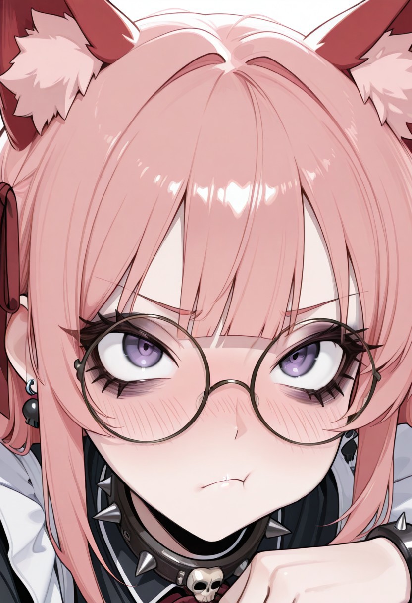 1girl, CivChan, solo, animal ears, animal_ear_fluff, (red fluff:1.3), round eyewear, glasses, blunt bangs, blush, skull cameo accents, pale skin, smoky eyeshadow, black eyeliner, doll-like blush, bracelet, earrings, hair ribbon, red ribbon, long hair, pink hair, purple eyes, punk, spikes, collar
BREAK
(close-up:1.4), pout, :t, looking up at viewer, eyelashes, bags under eyes
BREAK
<lora:GUXLlokr8f:0.32>, masterpiece, best quality, very aesthetic, underlightling, white background, simple background,<lora:cgel-style-richy-v1_ixl:1>