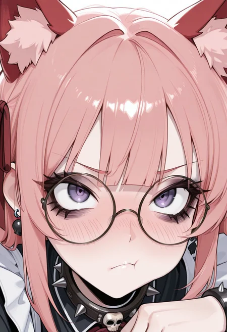 1girl, CivChan, solo, animal ears, animal_ear_fluff, (red fluff:1.3), round eyewear, glasses, blunt bangs, blush, skull cameo accents, pale skin, smoky eyeshadow, black eyeliner, doll-like blush, bracelet, earrings, hair ribbon, red ribbon, long hair, pink hair, purple eyes, punk, spikes, collar
BREAK
(close-up:1.4), pout, :t, looking up at viewer, eyelashes, bags under eyes
BREAK
<lora:GUXLlokr8f:0.32>, masterpiece, best quality, very aesthetic, underlightling, white background, simple background,<lora:cgel-style-richy-v1_ixl:1>