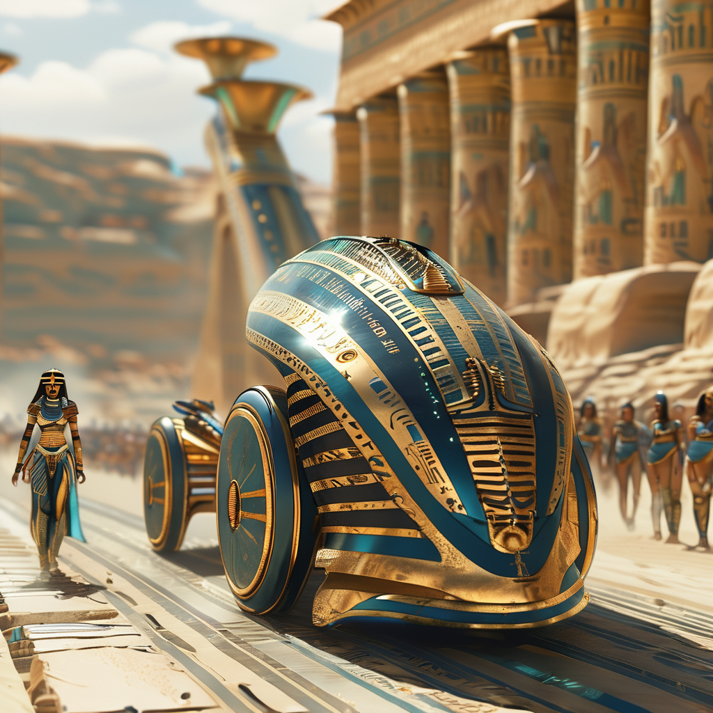 pharaotech an electric chariot race, dynamically and expressively observed by a crowd of people<lora:pharaotech:1>