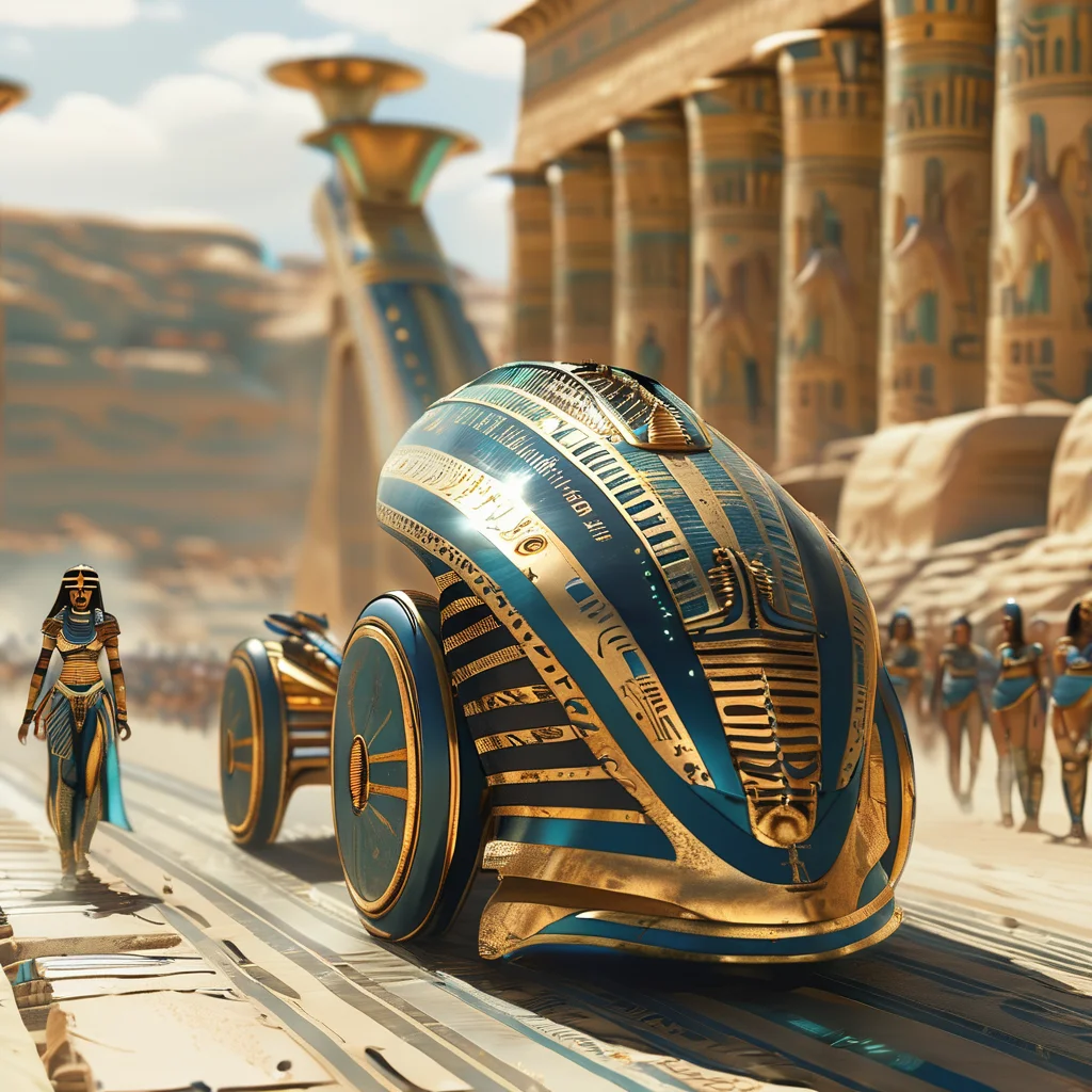 pharaotech an electric chariot race, dynamically and expressively observed by a crowd of people<lora:pharaotech:1>