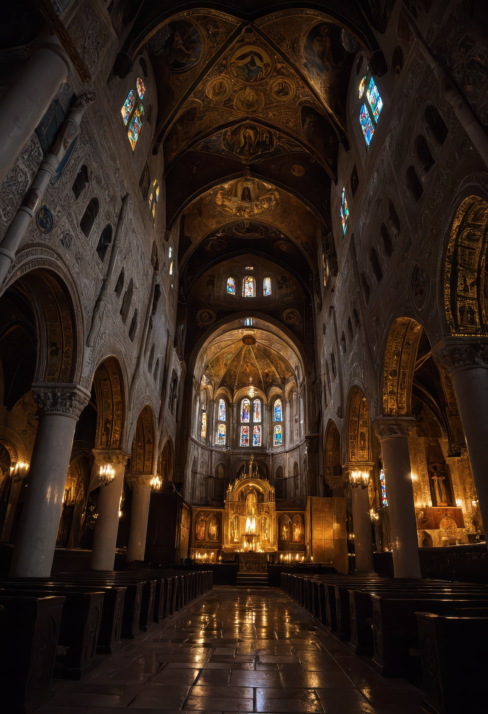 Byzantine cathedral during a storm, candlelit mosaics glowing in the darkness, lightning visible through high stained glass windows, soft golden ambiance within, sense of awe and spiritual weight, atmospheric wide-angle shot