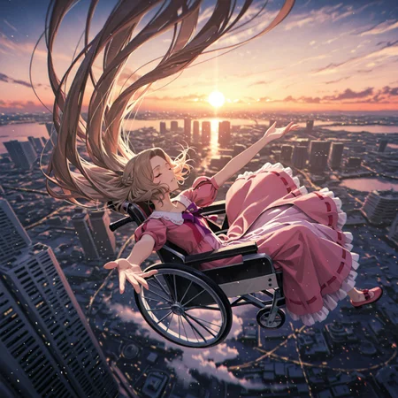 destroyed cityscape, scenery, sky, dusk,

nunnally,  1girl, brown hair, long hair, depth of field, closed eyes, pink dress, sitting in wheelchair, leaning back, face focus, flying wheelchair, french braid, in air, flying, puffy sleeves, (from front:0.6), purple bow, closed eyes, outstretched arm, red dusk lighting, falling, floating long hair,HU1, wide shot, luminous background, close up.  portrait, 

solo, masterpiece, best quality, very aesthetic, absurdres, amazing quality, by sakuraba yuuki, by nagishiro mito, by guweiz, detailerlora,