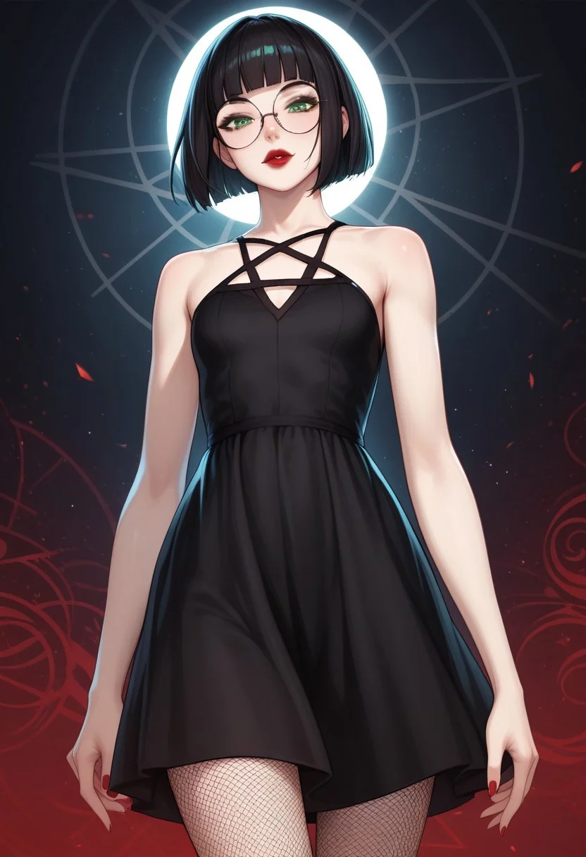 score_9, score_8_up, score_7_up, score_6_up, rating_questionable, 1girl, Polly, PollyRH, short hair, bobcut, black hair, bangs, green eyes, small breasts, almost flat chest, slim, pale skin, big round eyeglasses, clear eyeglasses lenses, red lipgloss, HD32k, dynamic pose, aesthetic, perspective, solo, detailed, sensual look, pinup pose, abstract background, detailed background, black-red tint, sensual look, pinup pose, cowboy shot, pentagram dress, black dress, fishnets,