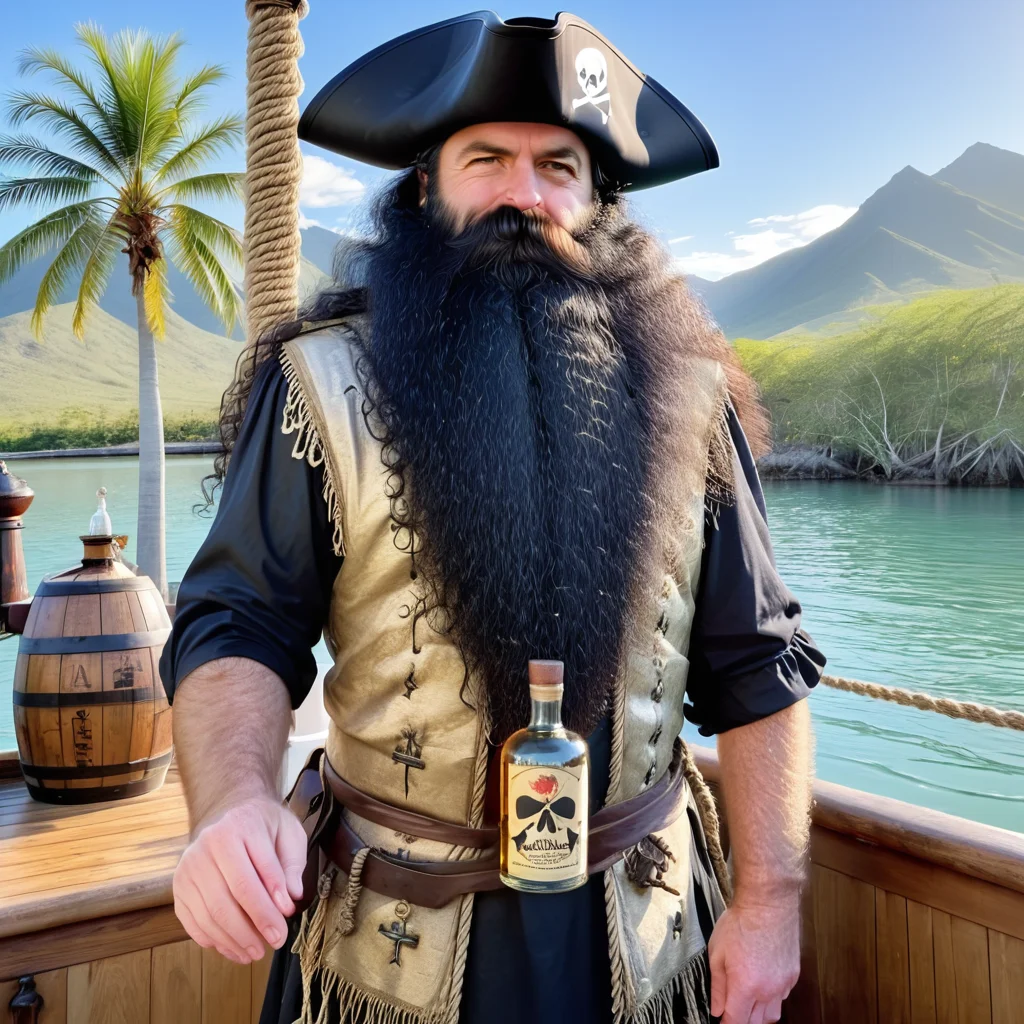 powerbeard, pirate captain, 17th century, long black wig, tall, burly, black hair, hairy arms, galleon, standing on main deck, skull and crossbones flag, jolly roger, rigging, rope coil, half full antique rum bottles, tropical inlet, aqua water, sun reflections on water, late afternoon, palm trees, distant mountains, detailed background, shadows<lora:Power_Beards:1>