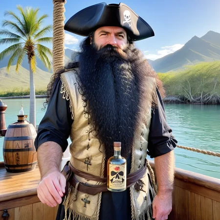 powerbeard, pirate captain, 17th century, long black wig, tall, burly, black hair, hairy arms, galleon, standing on main deck, skull and crossbones flag, jolly roger, rigging, rope coil, half full antique rum bottles, tropical inlet, aqua water, sun reflections on water, late afternoon, palm trees, distant mountains, detailed background, shadows<lora:Power_Beards:1>