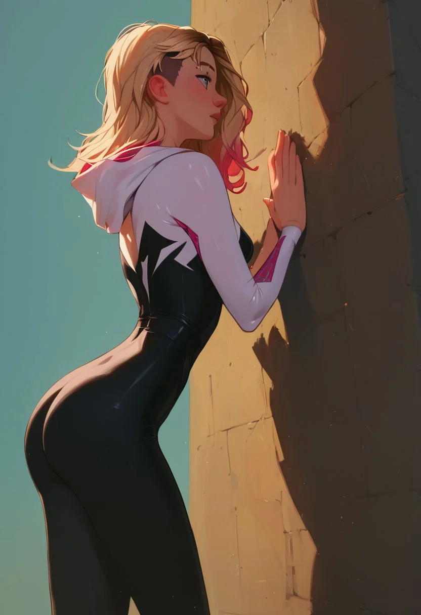 score_9, score_8_up, score_7_up, score_6_up, score_5_up, score_4_up, 1girl, spider gwen, small tight ass, narrow hips, skinny, relaxed pose, side view, leaning against a wall, medium breasts, teardrop_boobs, tiny waist, narrow hips, petite, small body, waiting