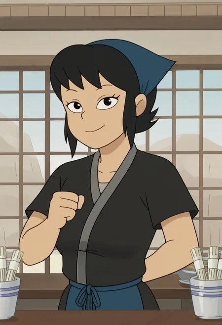 score_9, score_8_up, score_7_up, source_anime, anime screencap,  kazumi watanabe, 1girl, solo, black hair, short hair, black eyes,large breasts, apron, japanese clothes, kimono, black shirt, shirt,head scarf,short sleeves, indoor, sexy pose, smile, looking at viewer,
