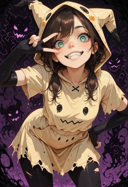 (in style of fujimoto tatsuki \(style\):1.2),
1girl,
masterpiece, best quality, amazing quality, 
green eyes, dark-brown hair, freckles, asymmetrical bangs, low-twintails, 
mimikyu_cosplay, personification, hood up, short sleeves, torn clothes, leggings, fingerless elbow gloves,
(large fangs:1.2), (crazy eyes:1.2), evil grin, head tilt, contrapposto, hand on hip, v over eye, leaning forward, (purple shadow hands), (shadow hands), darkness, looking at viewer, from below, close-up,
very aesthetic, absurdres, hyper-detailed, 8k uhd, absolutely eye-catching, ambient occlusion, raytracing, score_9, score_8_up, score_7_up,