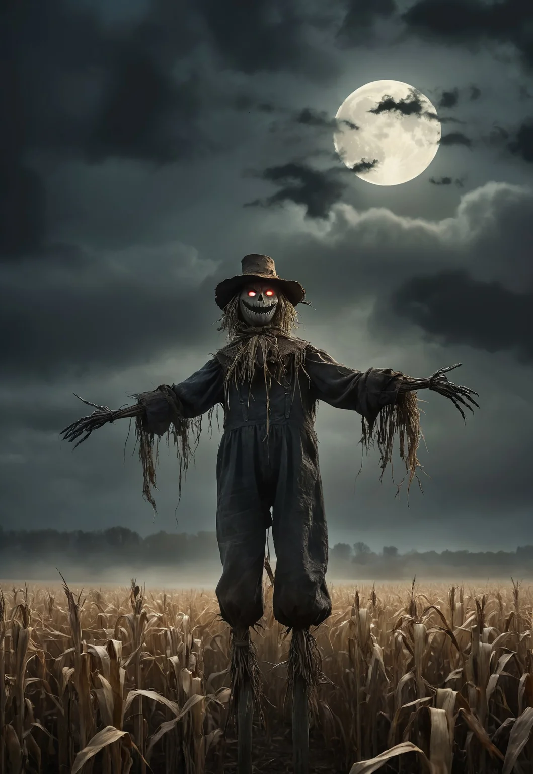 high quality, 8k, detailed, An eerie, illustrated depiction of a haunted scarecrow standing alone in a foggy cornfield at night. The scarecrow is tattered, with glowing red eyes, wearing a worn-out hat and ragged clothes, its arms outstretched as if it's about to come to life. The full moon is visible through the thick clouds, casting long shadows across the field. The wind blows softly, rustling the cornstalks, and crows are circling above. The atmosphere is dark and ominous, with muted colors of brown, black, and gray contrasting with the scarecrow's glowing eyes.