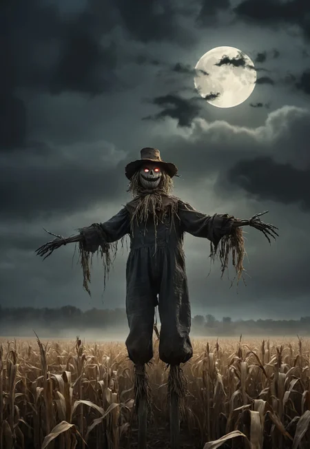 high quality, 8k, detailed, An eerie, illustrated depiction of a haunted scarecrow standing alone in a foggy cornfield at night. The scarecrow is tattered, with glowing red eyes, wearing a worn-out hat and ragged clothes, its arms outstretched as if it's about to come to life. The full moon is visible through the thick clouds, casting long shadows across the field. The wind blows softly, rustling the cornstalks, and crows are circling above. The atmosphere is dark and ominous, with muted colors of brown, black, and gray contrasting with the scarecrow's glowing eyes.