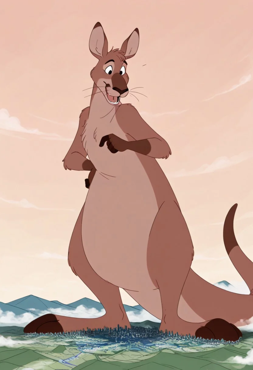 score_9, score_8_up, score_8, score_7, source_furry, Solo, 1boi, 1boy, r3d_RDU, Red Kangaroo, Kangaroo, brown fur, ears, toes, hands,, kangaroo ears, whiskers, anthro, full body, ((macro)), ((giantess)), ((macro)), gigantic, ,walk , large body, happy, landscape background, tiny landscape, micro landscape, detailed landscape,