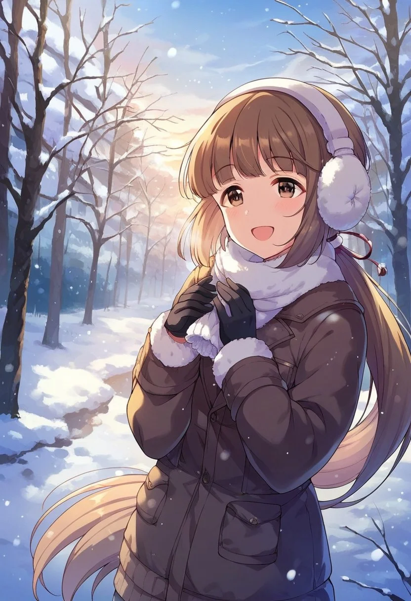 score_9, score_8_up, score_7_up, score_6_up, score_5_up, score_4_up,yorita yoshino, brown hair, brown eyes, long hair, 1girl, solo, snow, earmuffs, tree, gloves, smile, open mouth, ponytail, outdoors, winter, winter clothes