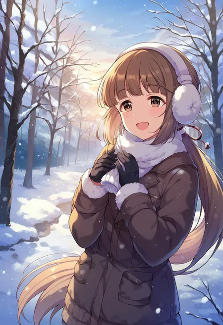 score_9, score_8_up, score_7_up, score_6_up, score_5_up, score_4_up,yorita yoshino, brown hair, brown eyes, long hair, 1girl, solo, snow, earmuffs, tree, gloves, smile, open mouth, ponytail, outdoors, winter, winter clothes