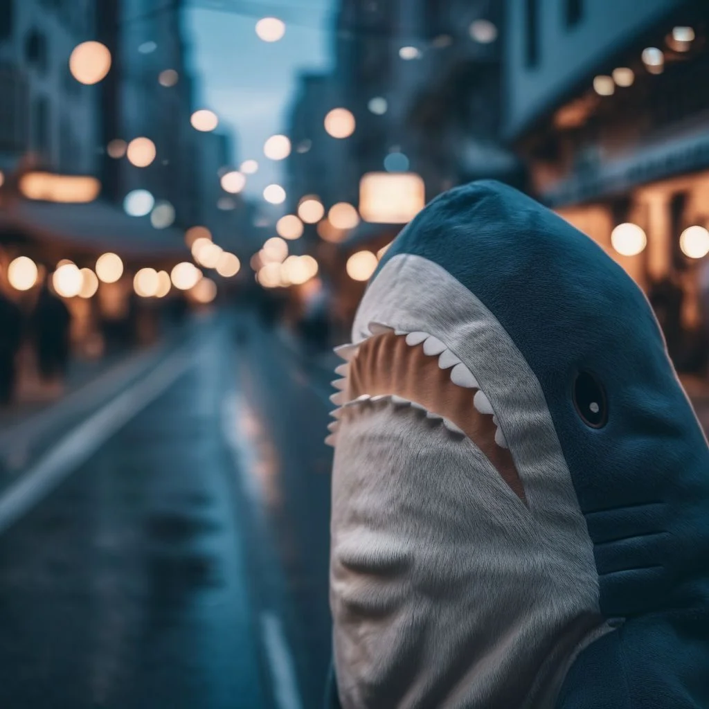 cinematic photo blahaj shark <lora:BlahajXL:1> city street . 35mm photograph, film, bokeh, professional, 4k, highly detailed