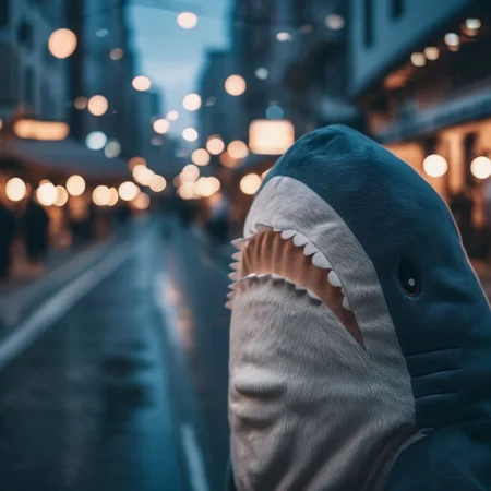cinematic photo blahaj shark <lora:BlahajXL:1> city street . 35mm photograph, film, bokeh, professional, 4k, highly detailed