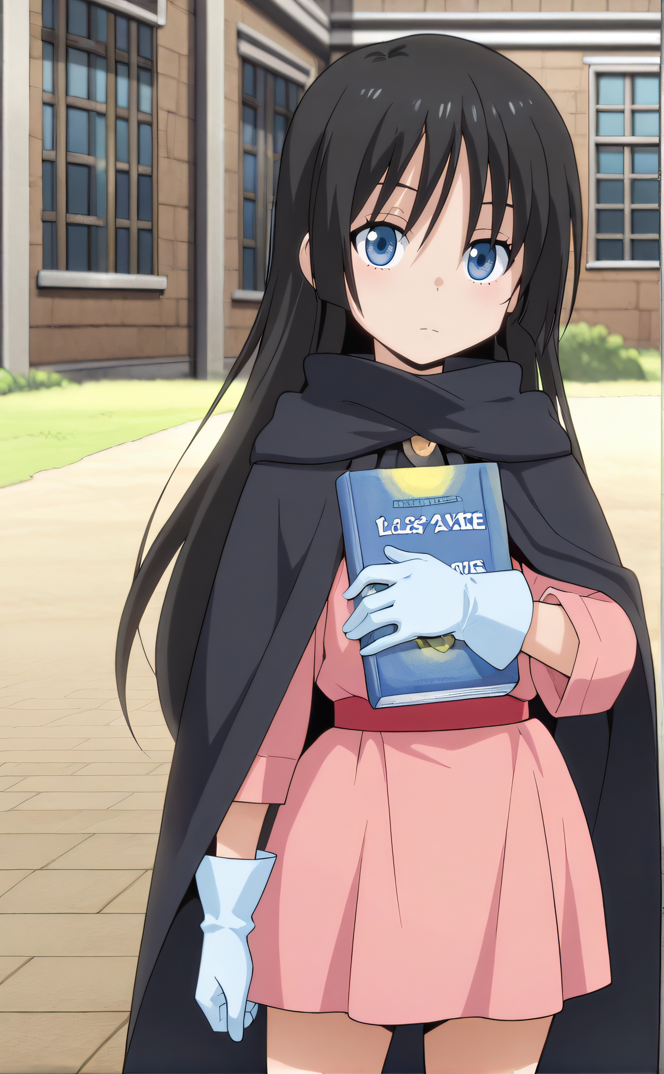 masterpiece, best quality, highres, newest, 1girl, solo, official style, anime screencap, <lora:IL_Chloe_Aubert:1>, chloeaubert, long black hair, blue eyes, black cape, pink dress, red belt, white gloves, looking at viewer, expressionless, outdoor, scenery, holding blue book