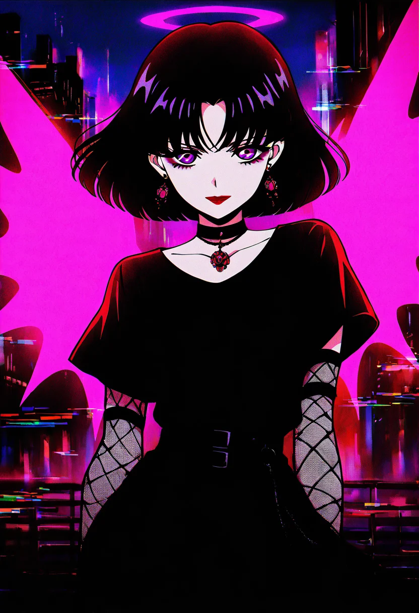 (masterpiece, best quality, good quality, very aesthetic, absurdres), 1girl, solo, eyelashes, (beautiful eyes), pink neon, goth, red hair, curvy, glowing, full body, city, neon, fishnets, cyberwings, (glitch), torn clothes, horns, halo, (dynamic pose, close up, incoming attack:1.1), 1girl, solo, looking at viewer, smile, short hair, bangs, shirt, black hair, jewelry, closed mouth, purple eyes, earrings, choker, necklace, parted bangs, black shirt, black choker, lipstick, portrait, red lips, anime coloring, tomoe hotaru, looking at viewer, short hair, black hair, closed mouth, purple eyes, parted bangs, black shirt, black choker, red lips, anime coloring, tomoe hotaru , <lora:GothRetroNAI:0.8>,