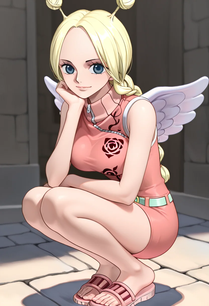 1girl, conis, pink turtleneck dress, green belt, wings, blonde hair, antenna hair, twin braids, braided ponytail, blue eyes, sandals, squatting, looking at viewer, light smile, cute, <lora:Conis_ill_v6:1>, very awa, masterpiece, best quality, newest, highres, absurdres,