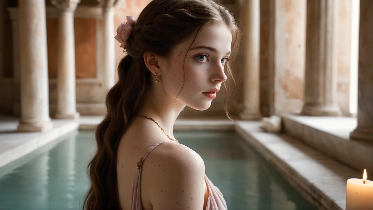 A young woman with long, styled hair stands in an elegant setting inspired by an ancient roman bathhouse. She wears a delicate gown adorned with a subtle floral color scheme, with soft shades of pink, lavender, and cream blending seamlessly into the fabric. Elegant jewelry, including a delicate necklace and earrings, adds a touch of refinement. Her hands gracefully play with her hair, adding a soft, feminine touch to her demeanor.
The background is rich with architectural details typical of a grand roman bathhouse, including marble floors, intricate columns, painted walls, and fountains. The room is dimly lit by the warm glow of candles, which cast dramatic shadows across the space, enhancing the mysterious atmosphere. Soft rose petals gently fall around her, adding a romantic and slightly melancholic touch to the scene. The overall mood is one of ethereal beauty, mystery, and romance. (luc14nn4, freckles on her nose, long hair, brown hair, expressive blue eyes, soft pale skin.)