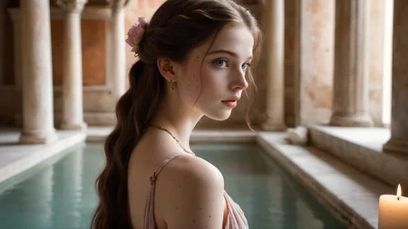 A young woman with long, styled hair stands in an elegant setting inspired by an ancient roman bathhouse. She wears a delicate gown adorned with a subtle floral color scheme, with soft shades of pink, lavender, and cream blending seamlessly into the fabric. Elegant jewelry, including a delicate necklace and earrings, adds a touch of refinement. Her hands gracefully play with her hair, adding a soft, feminine touch to her demeanor.
The background is rich with architectural details typical of a grand roman bathhouse, including marble floors, intricate columns, painted walls, and fountains. The room is dimly lit by the warm glow of candles, which cast dramatic shadows across the space, enhancing the mysterious atmosphere. Soft rose petals gently fall around her, adding a romantic and slightly melancholic touch to the scene. The overall mood is one of ethereal beauty, mystery, and romance. (luc14nn4, freckles on her nose, long hair, brown hair, expressive blue eyes, soft pale skin.)