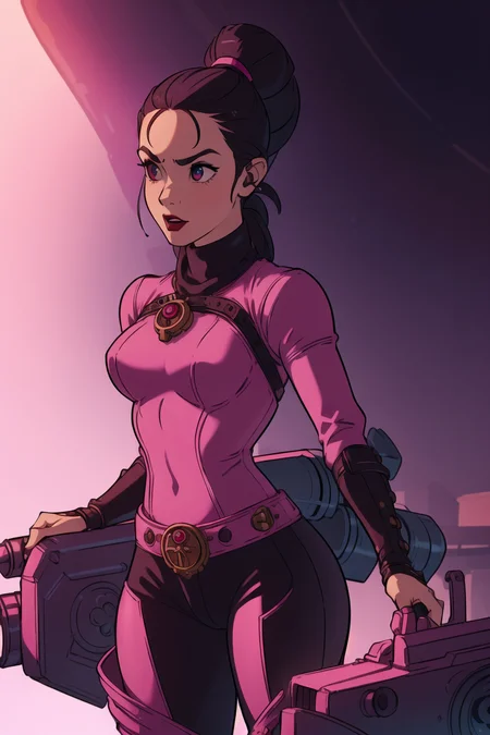 girl, (hotify:1.2), (vampire:1.4), (Futuristic,Steampunk:1.4),Bodybuilder,Tiny Breasts,(Standing in an s-shape),Medium Hair,Mohawk,(pink Turtleneck,black Western Pants:1.3),fate/extra,Fantasy Armor ,(masterpiece,detailed,highres:1.4)
