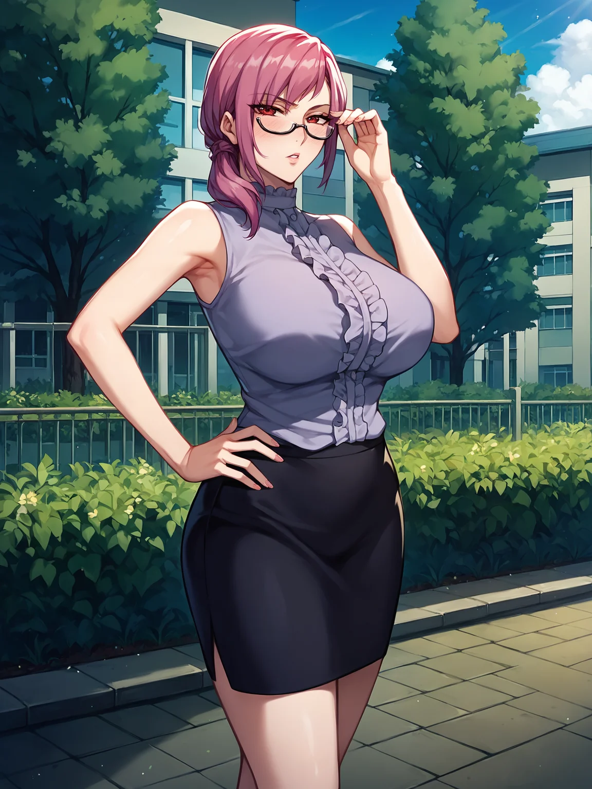 score_9, score_8_up, score_7_up, score_6_up, uncensored,
Yamazaki Suzuko, A girl is standing, hand on eyewear, cowboy shot, armpit, hand on own hip,
1girl, mature female,
looking at viewer, blush, parted lips, serious,
pink hair, red eyes, low ponytail, under-rim eyewear,
sleeveless blouse, center frills, pencil skirt,
large breasts, thighs,
outdoors, building, school, grass, garden, day
<lora:Yamazaki Suzuko3216PDXL:1>