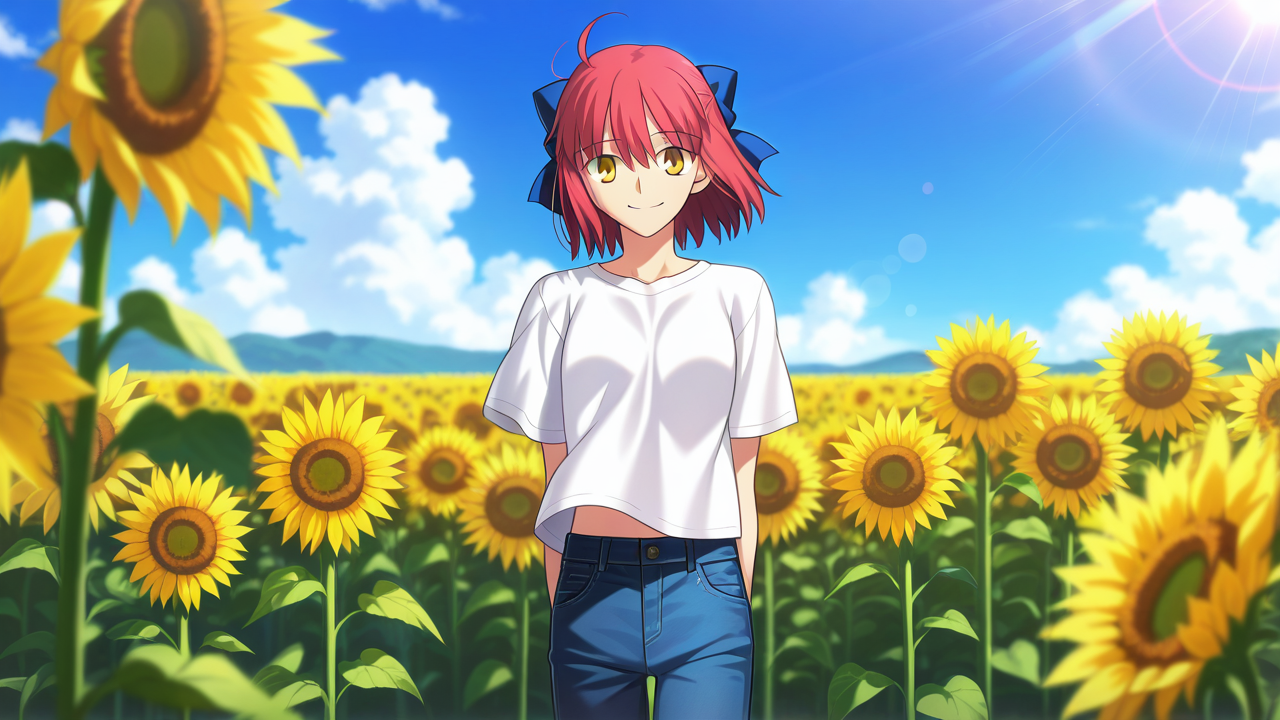 smile, happy,, masterpiece, best quality, amazing quality, very aesthetic, absurdres, newest, anime screencap, <lora:kohakuILM:1>, kohaku (tsukihime), takeuchi takashi, yellow eyes, red hair, hair ribbon, blue ribbon, hair between eyes, short hair, sidelocks, bob cut, blue sky, sky, daylight, sunlight, depth of field, outdoors, blurry background, blurry foreground, cloud, field, flower, flower field, denim, jeans, pants, blue pants, shirt, white shirt, t-shirt, happy, smile, sunflower, sunflower field, yellow flower, lens flare, casual, wind, midriff peek