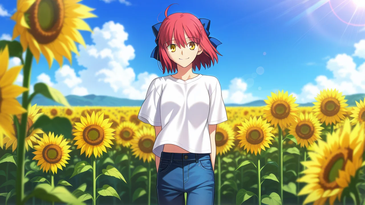 smile, happy,, masterpiece, best quality, amazing quality, very aesthetic, absurdres, newest, anime screencap, <lora:kohakuILM:1>, kohaku (tsukihime), takeuchi takashi, yellow eyes, red hair, hair ribbon, blue ribbon, hair between eyes, short hair, sidelocks, bob cut, blue sky, sky, daylight, sunlight, depth of field, outdoors, blurry background, blurry foreground, cloud, field, flower, flower field, denim, jeans, pants, blue pants, shirt, white shirt, t-shirt, happy, smile, sunflower, sunflower field, yellow flower, lens flare, casual, wind, midriff peek
