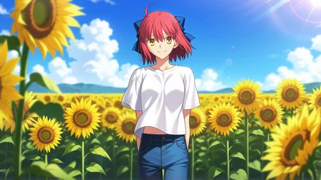 smile, happy,, masterpiece, best quality, amazing quality, very aesthetic, absurdres, newest, anime screencap, <lora:kohakuILM:1>, kohaku (tsukihime), takeuchi takashi, yellow eyes, red hair, hair ribbon, blue ribbon, hair between eyes, short hair, sidelocks, bob cut, blue sky, sky, daylight, sunlight, depth of field, outdoors, blurry background, blurry foreground, cloud, field, flower, flower field, denim, jeans, pants, blue pants, shirt, white shirt, t-shirt, happy, smile, sunflower, sunflower field, yellow flower, lens flare, casual, wind, midriff peek