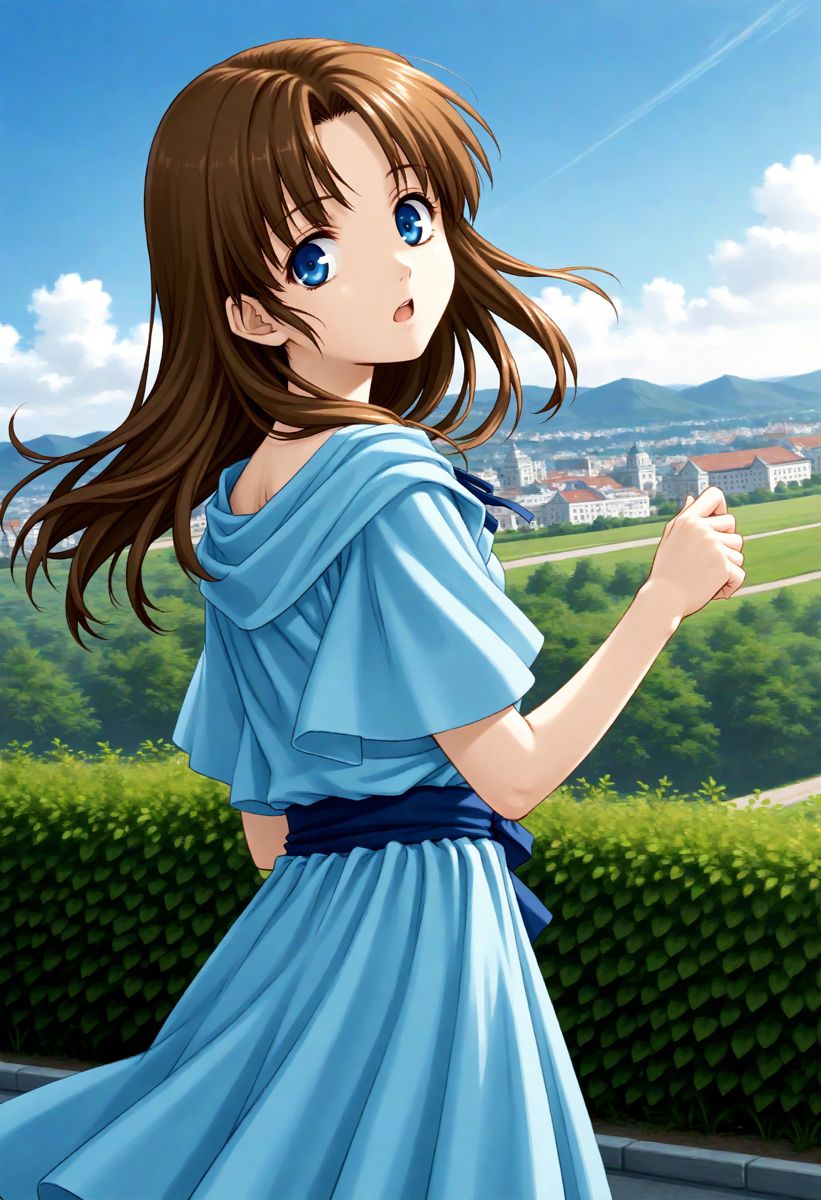 1girl, lilia (ys) , ys ii, <lora:lilia_Pony_v1:0.5>
solo, brown hair, long hair, blue eyes, blue dress,
dutch angle, panorama shot, looking back, expressionless, boulevard, open mouth,