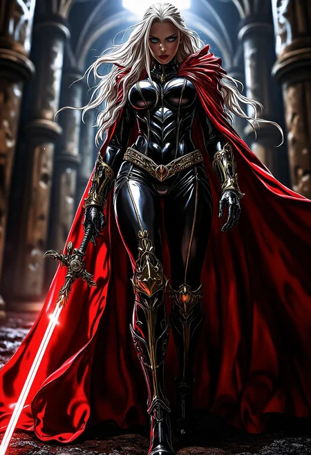 The Magdalena, superheroine, crimson and black bodysuit, golden armor accents, flowing red cape, Spear of Destiny, divine energy, gothic cathedral, religious iconography, battle-ready stance, fierce expression, supernatural warrior, dramatic lighting, dark atmosphere, mystical aura, ancient lineage, sacred mission.