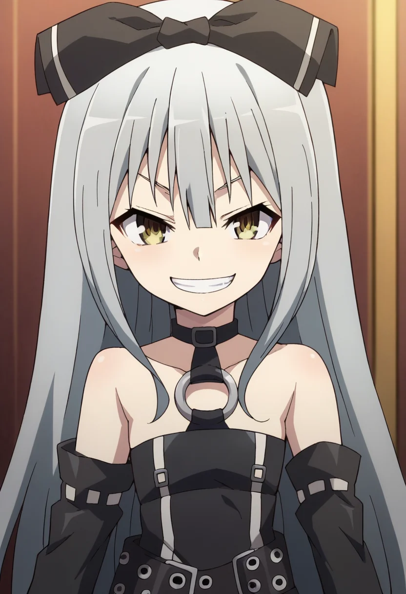 solo,SoraTS, long hair, skirt, bare shoulders, very long hair, grey hair, pantyhose, detached sleeves, belt, black pantyhose, bow, <lora:PonyXL SoraTS V2:1>, score_9, score_8_up, score_7_up, score_6_up, score_5_up, score_4_up , anime coloring ,BREAK source_anime, anime,
pov, upper body, evil smile, grin,