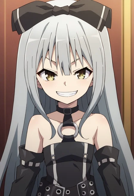 solo,SoraTS, long hair, skirt, bare shoulders, very long hair, grey hair, pantyhose, detached sleeves, belt, black pantyhose, bow, <lora:PonyXL SoraTS V2:1>, score_9, score_8_up, score_7_up, score_6_up, score_5_up, score_4_up , anime coloring ,BREAK source_anime, anime,
pov, upper body, evil smile, grin,