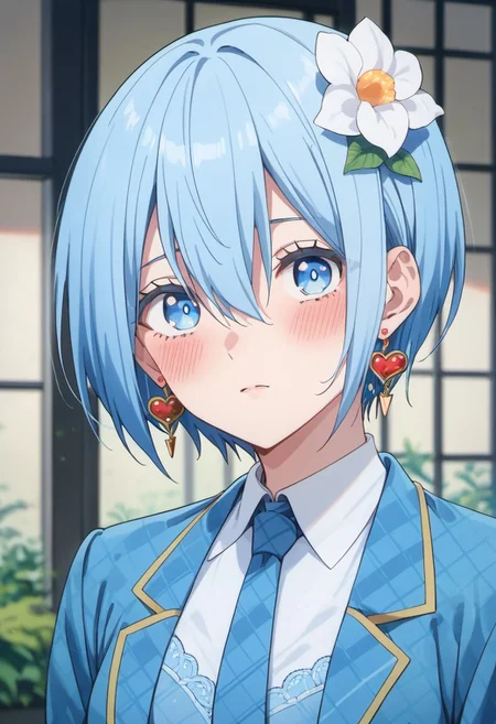 score_9, score_8_up, score_7_up, source_anime,nonoa, short hair, blue eyes, blue hair, 1girl, solo, earrings, jewelry, necktie, looking at viewer, blue necktie, blush, hair ornament, jacket, flower, hair between eyes