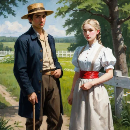 Oil painting, day, (((2persons))), outdoors, (summer), a young woman stands in the center, a young man stands next to her in the left part of the image. She is (barefoot), wearing a black ankle-length skirt with [[red flowers]], covered by a white apron, a red waistcoat and belt, and a white shirt with rolled up sleeves, her blonde hair is braided with a [red ribbon]. She looks at the small (daisy) in her hands. He is standing with a cane and looking at her, a (brown coat) is draped over his back, his hands are not in sleeves, a light straw hat is on his head, gray trousers are tucked into black boots. In the right part of the image behind are [two turkeys]. In the background is a wooden fence, behind which is a (green forest). ng_deepnegative_v1_75t