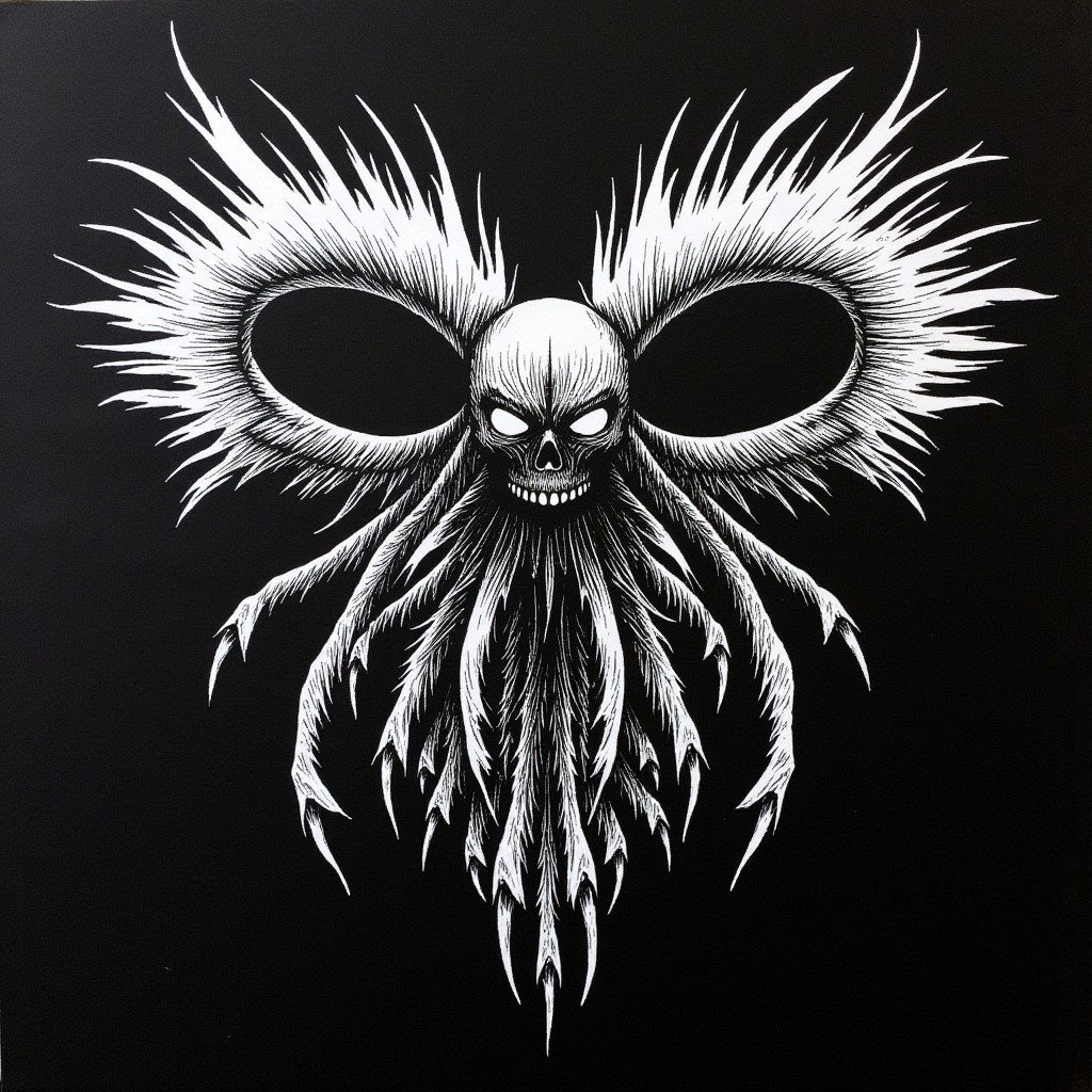 Sketch, aidmaHyperrealism, Surreal Experimental Art, Splatters of White Ink on a black canvas. Dark Overlord