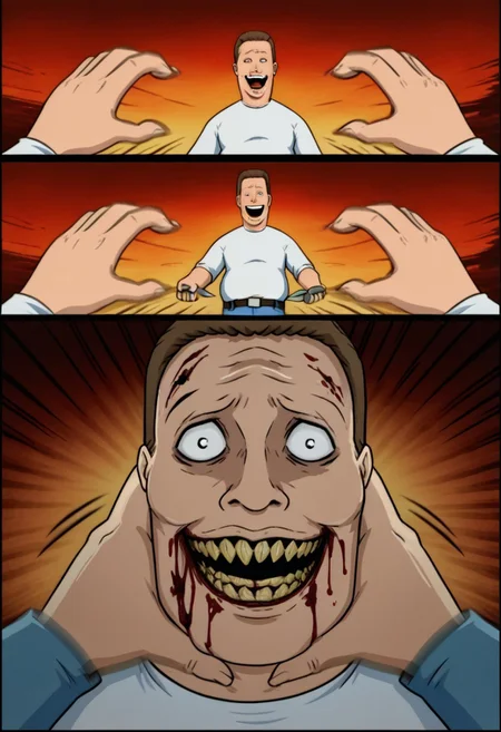 incrssnootchallenge, comic, pov hands, motion lines, motion blur, 1boy, hank hill, white shirt, belt, blue jeans, psychotic smile, evil expression,(bloody eyes:1.1),(holding bloody knife:1.1), (bulging eyes:1.1), smiling at viewer,(blood on face:1.1), grin, evil smile, bloody mouth, Sinister_Smile, shadow on the face, Yellow_Teeth, Macabre, Terror, Menacing_Smile, Disturbing_Expression, Grotesque_Style, Intense_Colors, Dark_Contrast,