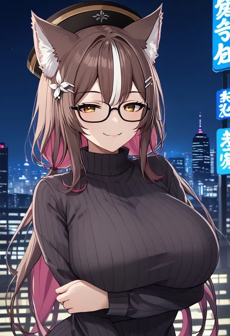 1girl, solo, highres, chisaka1st, hairclip, hair flower, brown hair, streaked hair, white hair, animal ears, animal ear fluff, yellow eyes,
glasses, black-framed eyewear, 
hat, black sweater, ribbed sweater, turtleneck sweater,
looking at viewer, light smile, half-closed eyes, naughty face, arm under breasts, adjusting eyewear, huge breasts,
dark, night, night sky, cityscape, neon lights, backlighting,