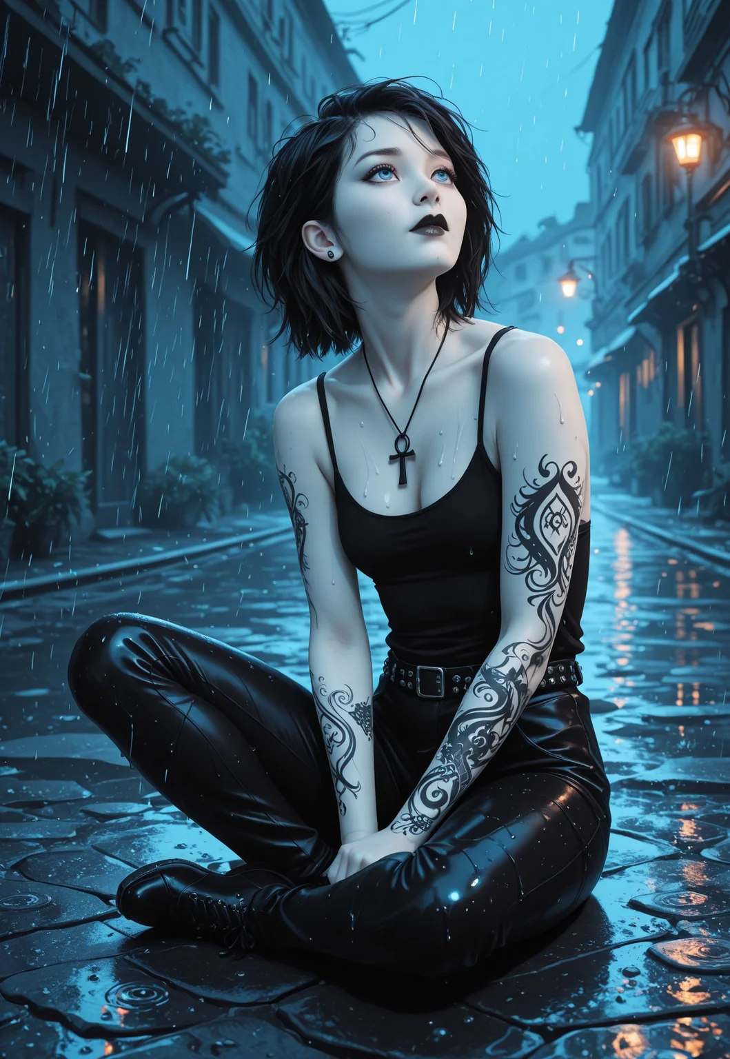 (masterpiece:1.4), (best quality:1.3), (very aesthetic:1.2), (hyperdetailed:1.05), 8k, ultra-HD, newest, depth of field, (realistic), highres, newest, dramatic angle,
cinematic composition,
1girl, pale skin detailed_eyes, subject_focus,
<lora:Riona-PXL:1> Riona-PXL, Riona, riona-tat, tattoo, 3D, (asian girl:1.4), solo, black hair,
detailed_eyes, subject_focus, makeup, (arm tattoo), arm tattoo, small breasts, short hair, messy hair, half asian, ((blue eyes)), black lips, perfect face, perfect eyes, cinematic lighting, detailed skin, detailed hair, detailed eyes, absurdres, photo, photorealistic, ethereal atmosphere, cinematic composition, cleavage, ((pale skin)),
<lora:Death of the EndlessilluLoRA:1>dethofend, white skin, black hair, ankh necklace, tank top, belt, pants, off shoulders, black leather pants, studded belt, (dimly lit), heavy rain, (((black, blue, white, Limited Palette, monochromatic colors)))
enjoying, face up, looking up, outdoors, rain, full body shot, front facing, sitting, water droplets on her skin