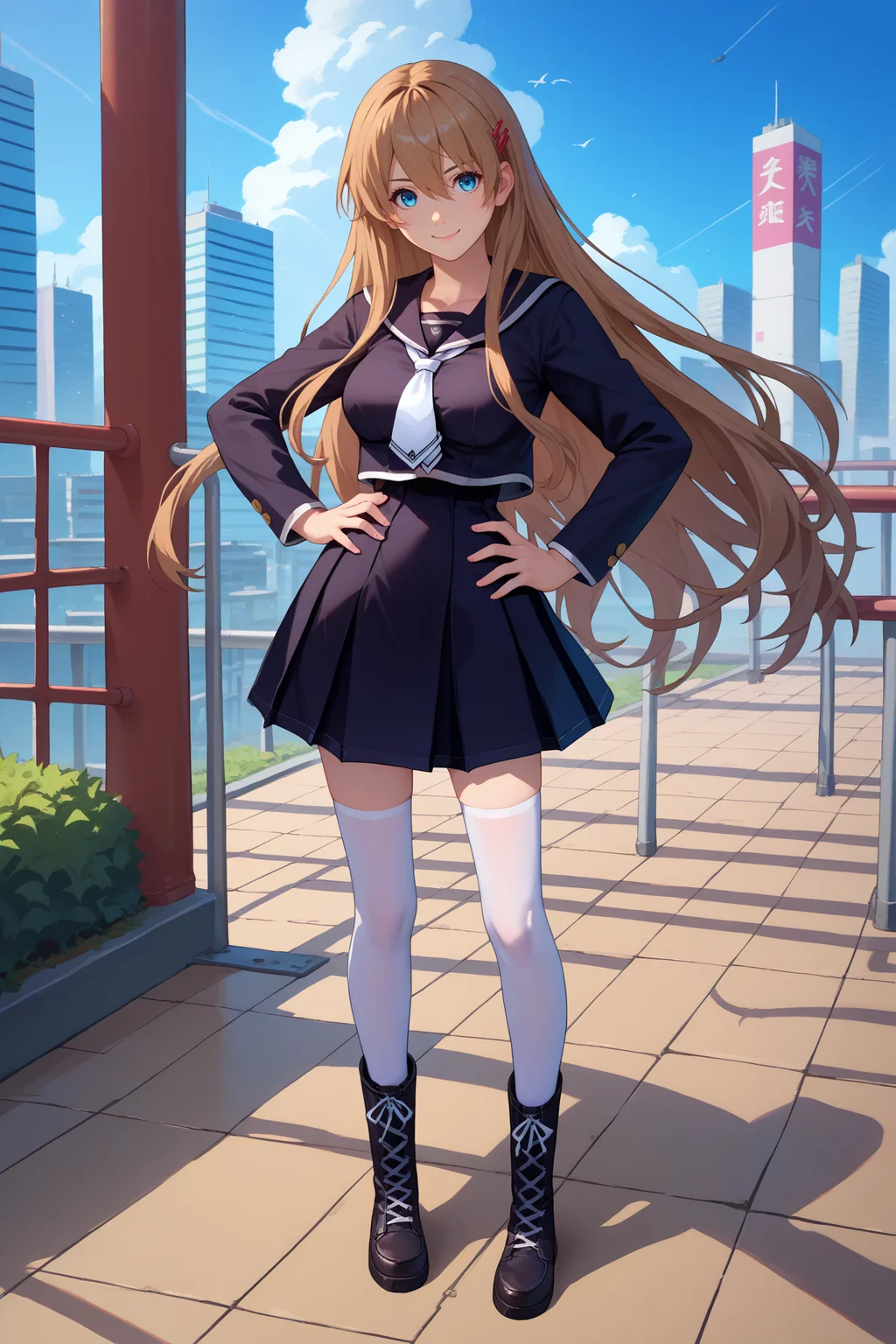 score_9, score_8_up, score_7_up, score_6_up, source_anime, 1girl, solo, <lora:hiiragiasuka-pdxl-nvwls-v1-000005:1> txasuka, long hair, brown hair, blue eyes, hairpin, black serafuku, white necktie, school uniform, black skirt, white thighhighs, blue sky, city, breasts, smile, hand on hip, full body, black boots, looking at you