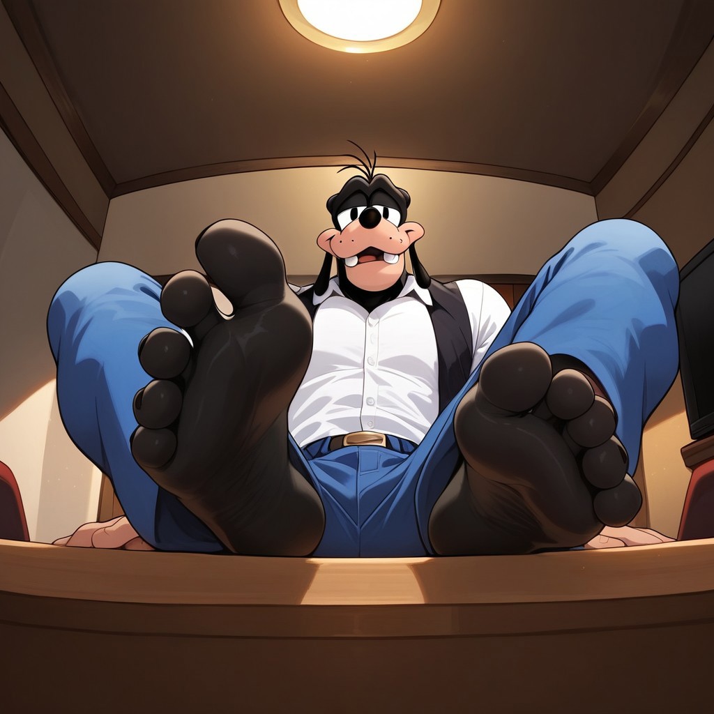 score_9_up, score_8_up, score_7_up, high quality, detailed, source_furry, 1boy, male, solo male, anthro, goofy, dog, canine, masculine, black skin, black feet, black-skinned feet, fully-black skin, peach-colored snout, long snout, black nose, black eyes, cartoon style, stubble, buck teeth, lanky, mature male, tall, White shirt, black vest, blue jeans, looking at viewer, theater stage, professional shot, low angle, feet up on table, posing black feet, big black feet, black feet, foot fetish, black soles, a man showing his soles
