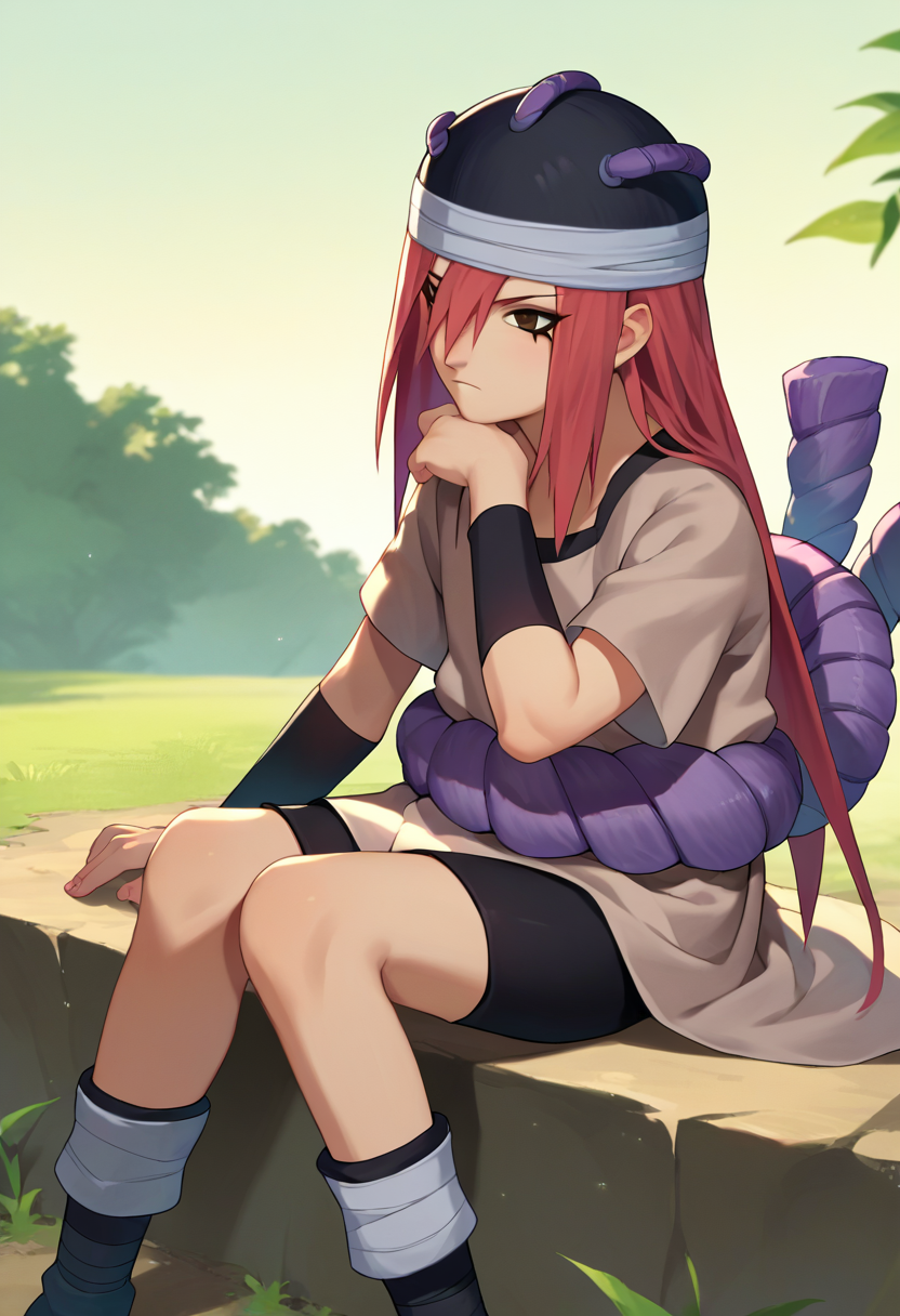 score_9, score_8_up, score_7_up, source_anime,  <lora:Tayuya-000012:1> tayuya, red hair, long hair, brown eyes, tan tunic,  arm warmers, black headwear, black shorts, outdoors, sitting, purple rope belt,
