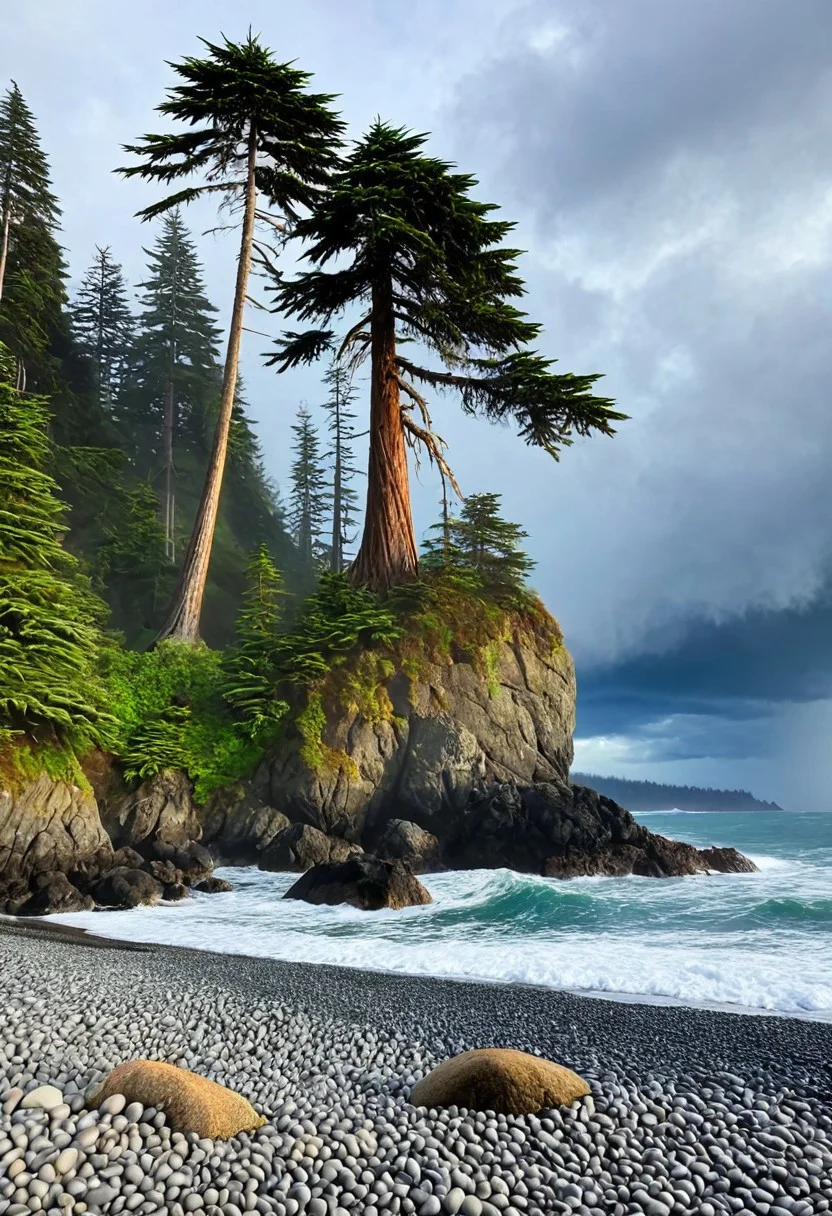 a photograph of a beach on the Pacific northwest coast, rocky pebble beach, a large looming evergreen cedar Forrest looming, the ocean is vibrant and crashing, deep vivid blues and greens, the sky is grey and clouds are heavy the sun is radiating however cutting through a break in the thick looming storm clouds, epic, realism, photo-realism, highest quailty, highest detail, professional, landscape, nature