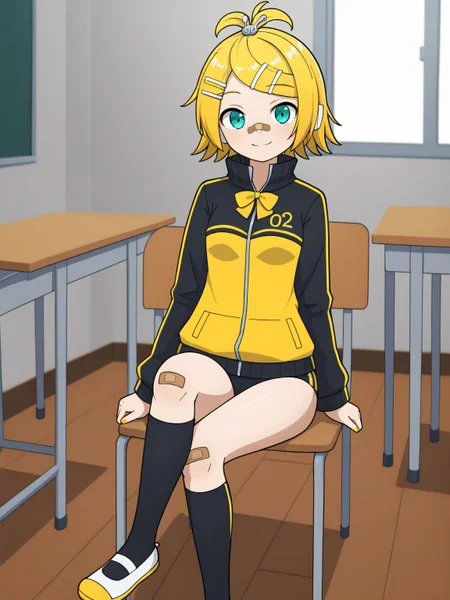 1girl,solo,<lora:StylishEnergyR_illustrious_V1.0:1>,stylishenergyr,kagamine rin,blonde hair,short hair,ahoge,aqua eyes,topknot,hairclip,hair ornament,buruma,black buruma,jacket,track jacket,yellow jacket,black jacket,multicolored jacket,two-tone jacket,double vertical stripe,long sleeves,bandaid,bandaid on nose,bandaid on knee,bass clef,yellow bow,bow,uwabaki,black socks,kneehighs,looking at viewer,breasts,small breasts,smile,indoors,classroom,sitting,crossed legs,on chair,
